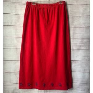 The Quacker Factory Long Red Skirt Embroidered Blue Anchors Back Slit Size Large